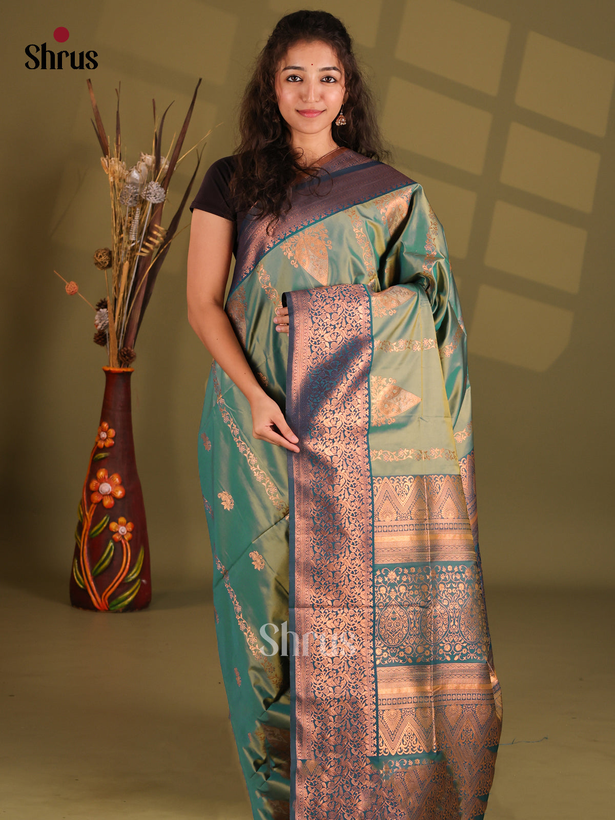 Green & Dark Green - Semi Softsilk Saree - Shop on Shrus.com