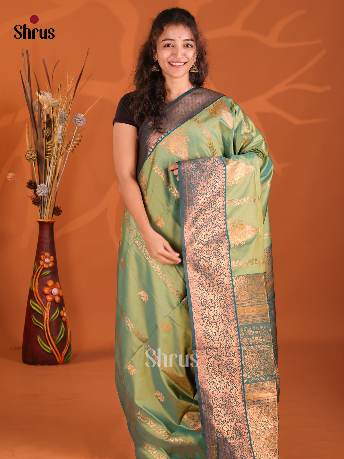 Green & Dark Green - Semi Softsilk Saree - Shop on Shrus.com