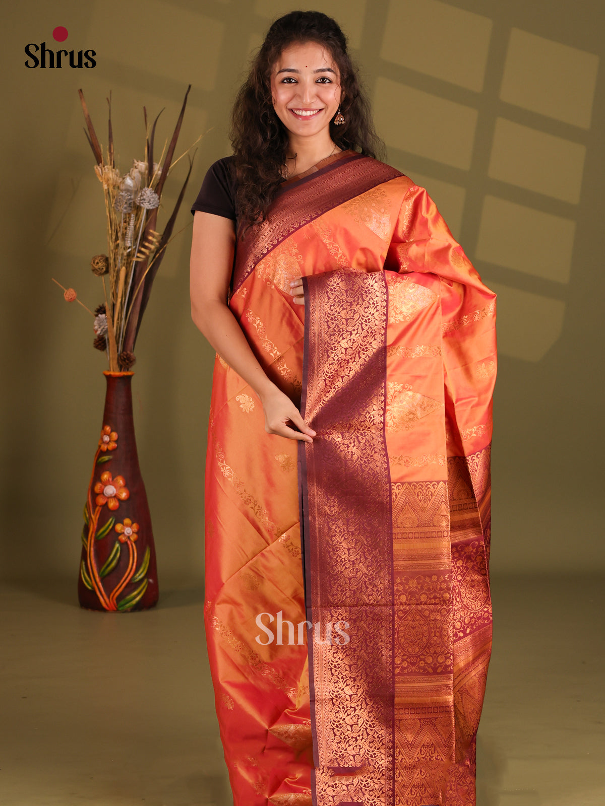 Orange & Maroon - Semi Softsilk Saree - Shop on Shrus.com