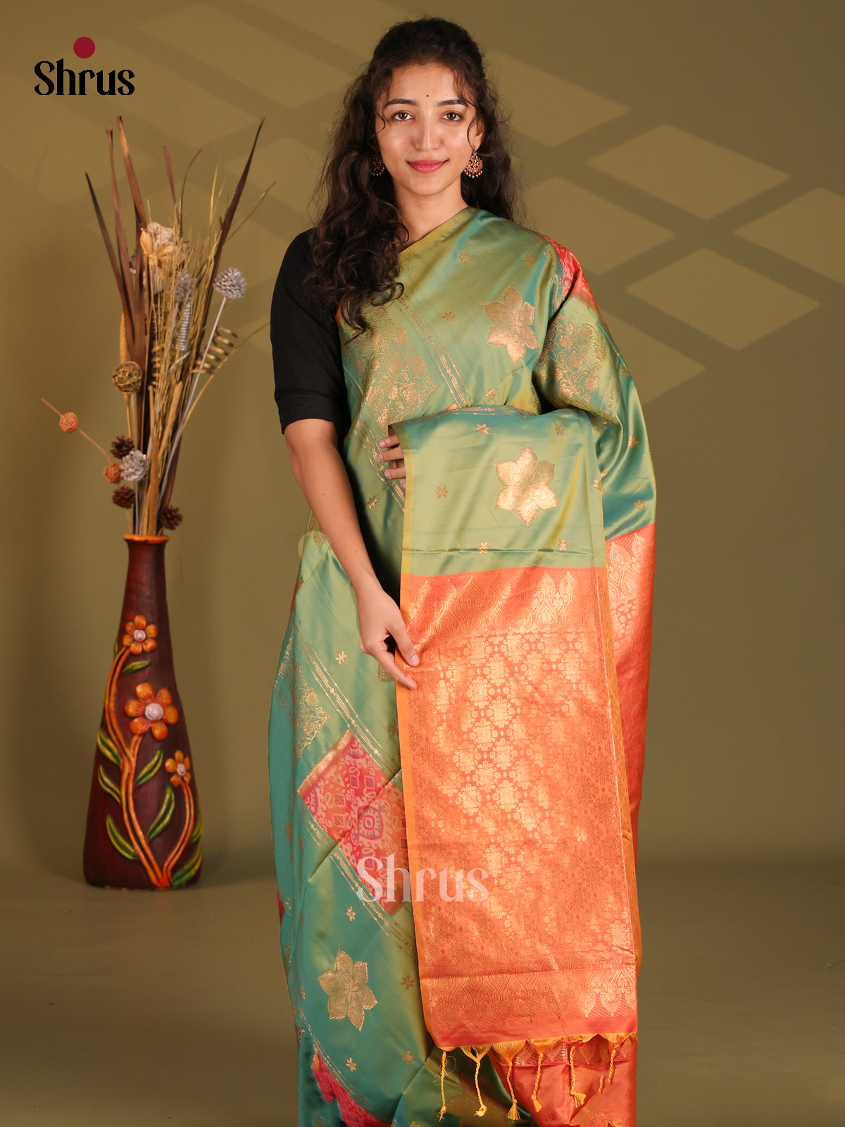 Green & Orange - Semi Softsilk Saree - Shop on Shrus.com