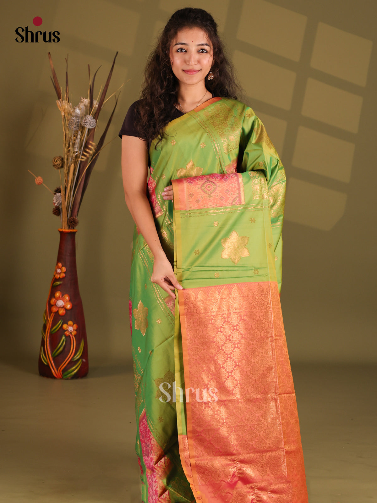 Green & Orange - Semi Softsilk Saree - Shop on Shrus.com