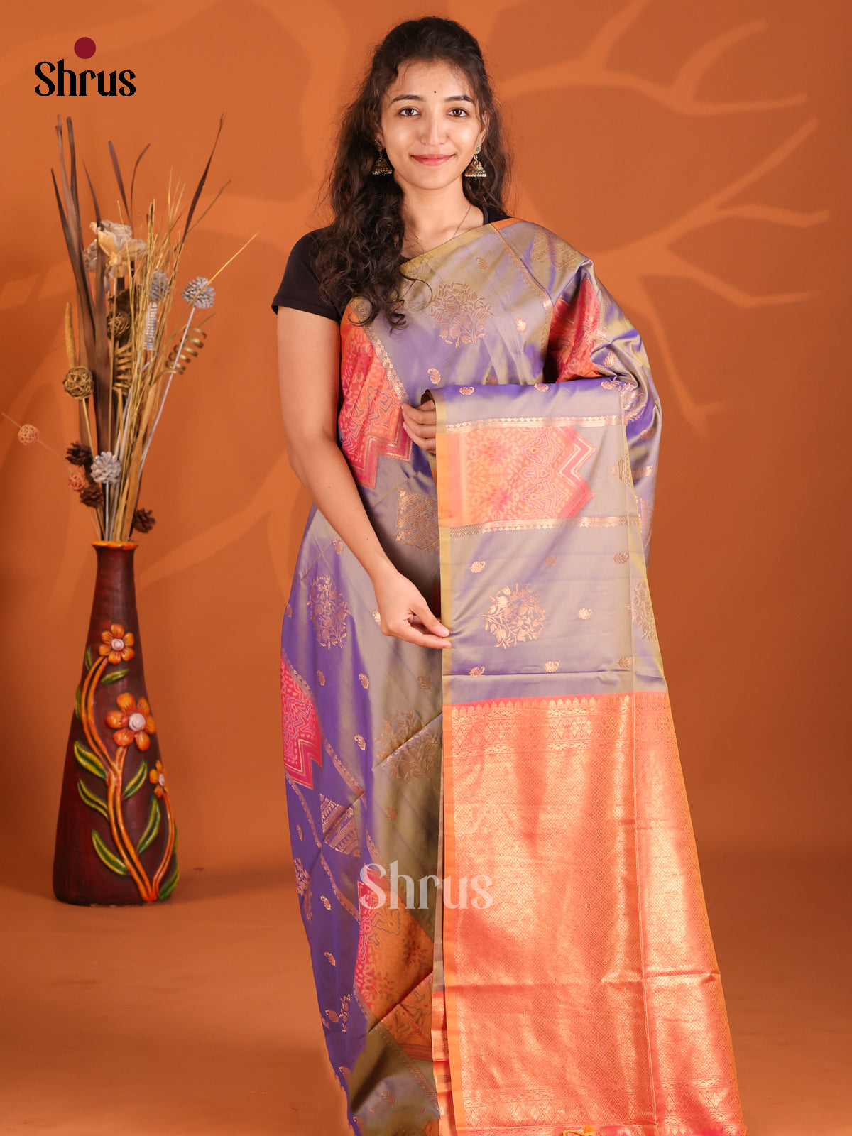 Lavender & Orange - Semi Softsilk Saree - Shop on Shrus.com