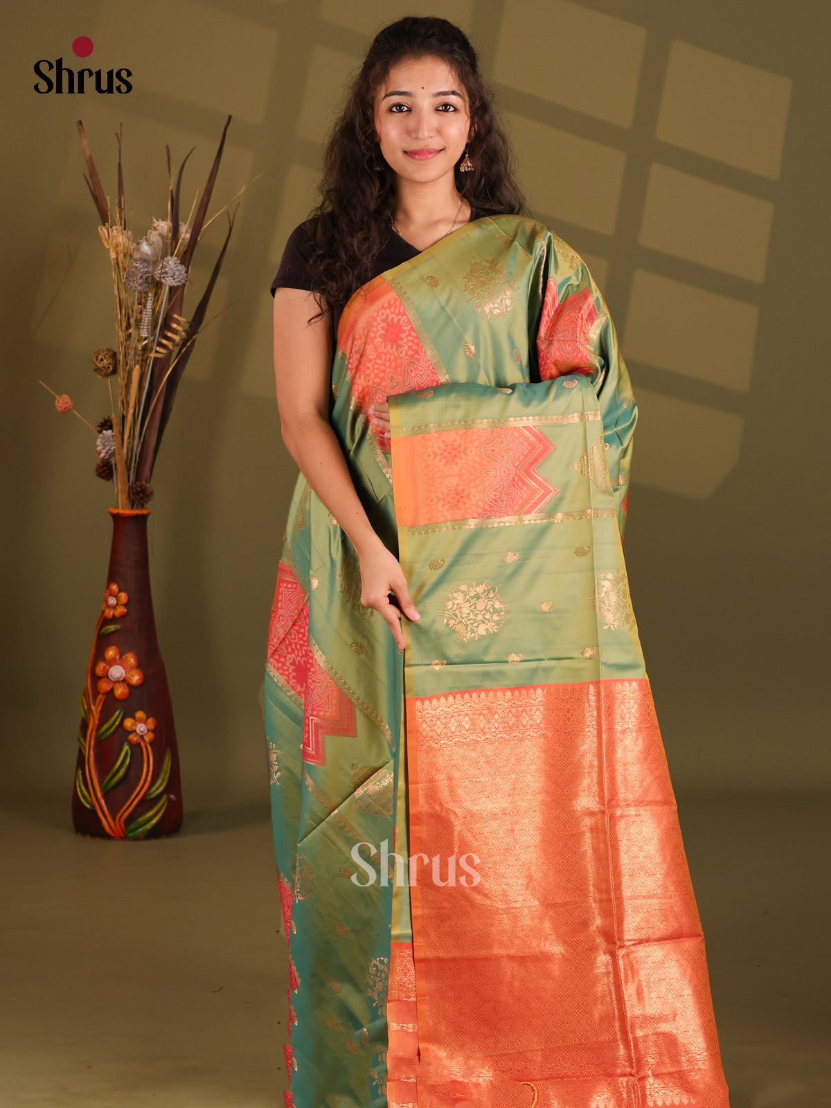 Green & Orange - Semi Softsilk Saree - Shop on Shrus.com
