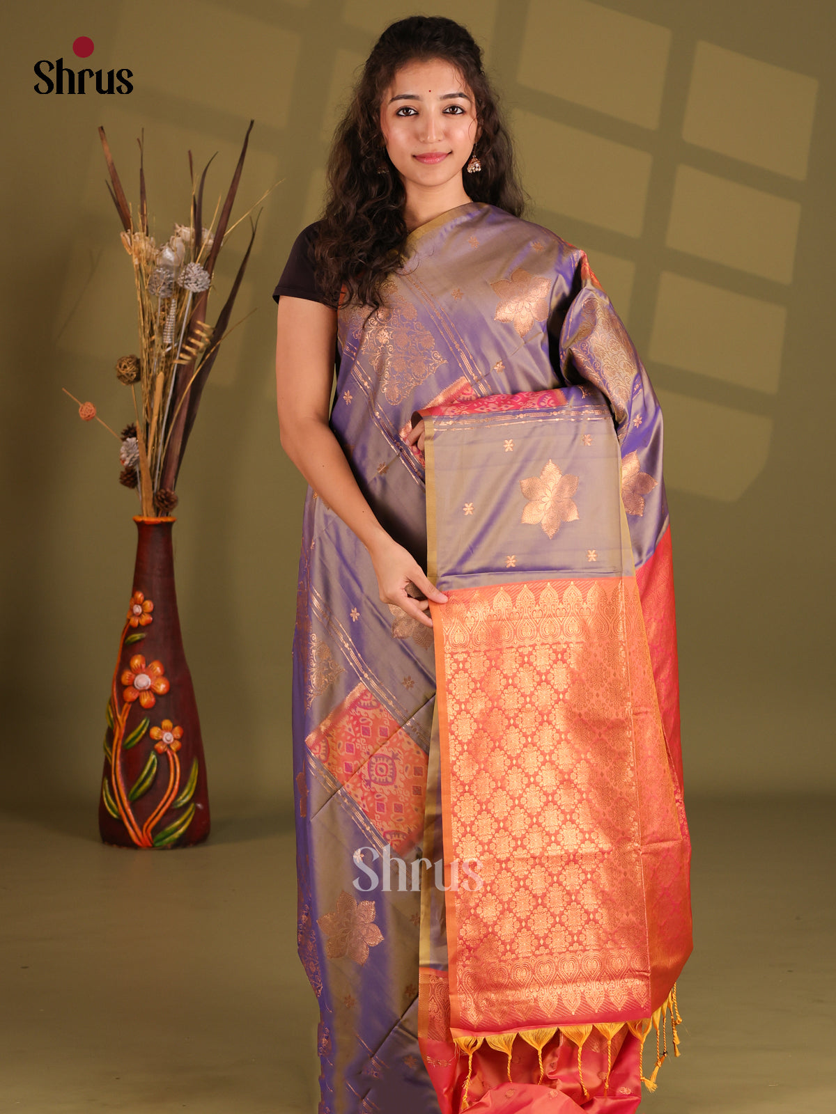 Violet & Orange- Semi Softsilk Saree - Shop on Shrus.com