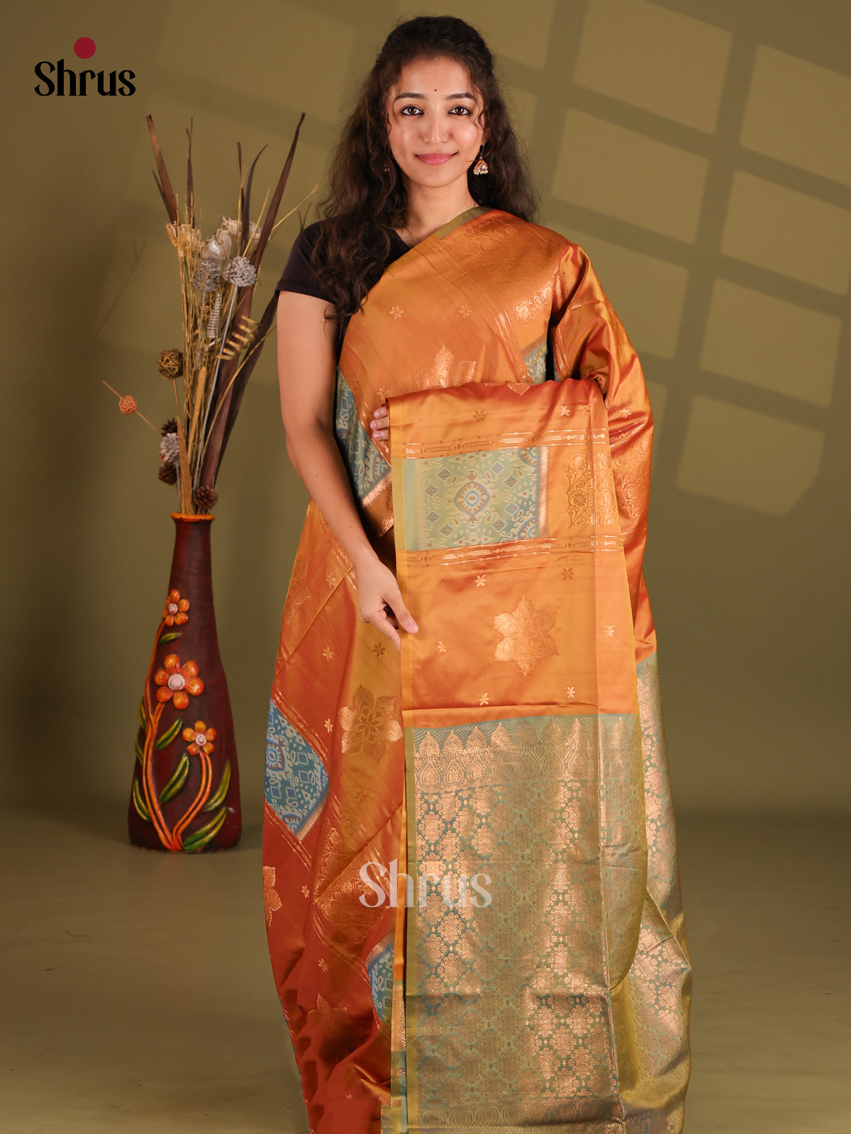 Brick & Green- Semi Softsilk Saree - Shop on Shrus.com