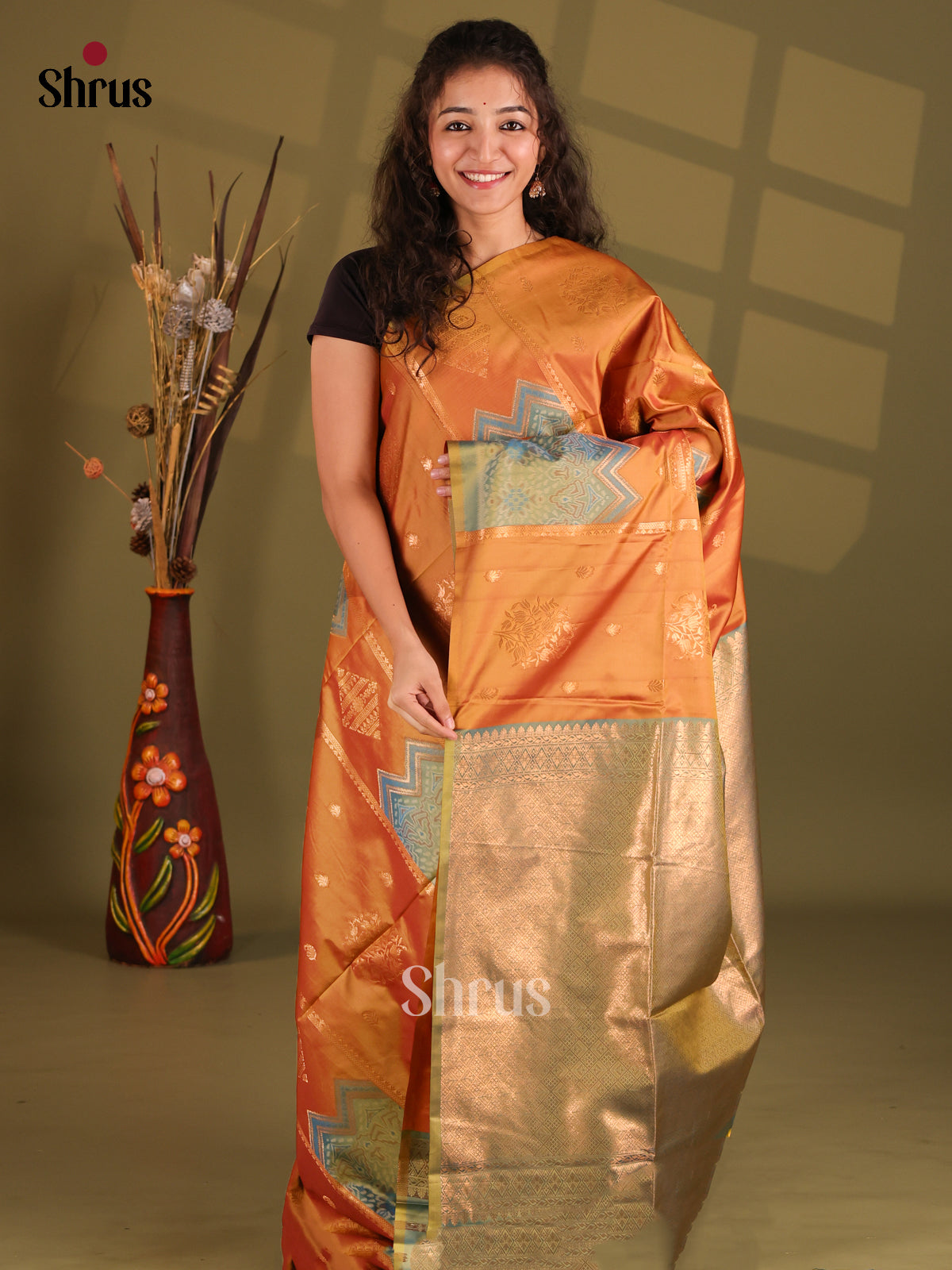 Brick Orange & Green - Semi Softsilk Saree - Shop on Shrus.com
