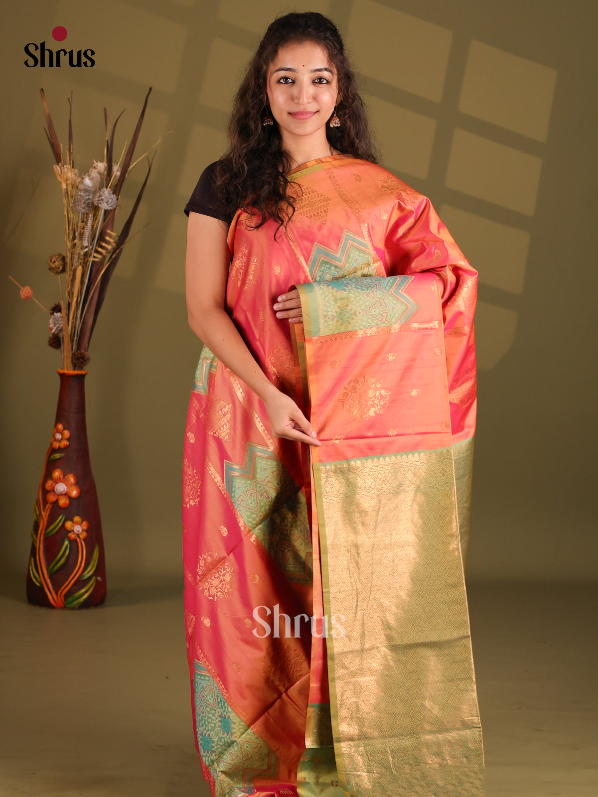 Orangish Pink & Green - Semi Softsilk Saree - Shop on Shrus.com