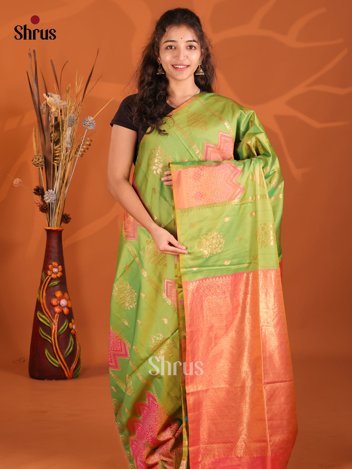 Apple Green & Orangish Pink - Semi Softsilk Saree - Shop on Shrus.com