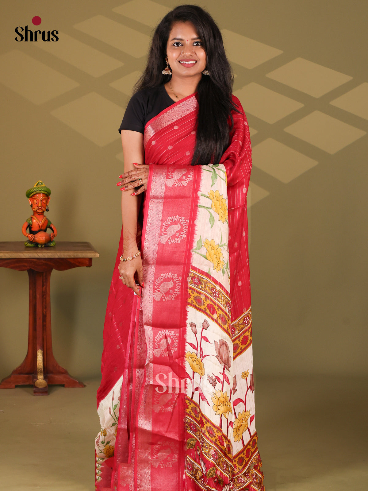 Red & Cream - Semi Mysore silk saree - Shop on Shrus.com