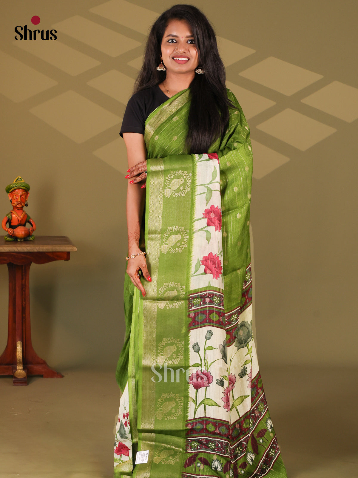Green & Cream - Semi Mysore silk saree - Shop on Shrus.com