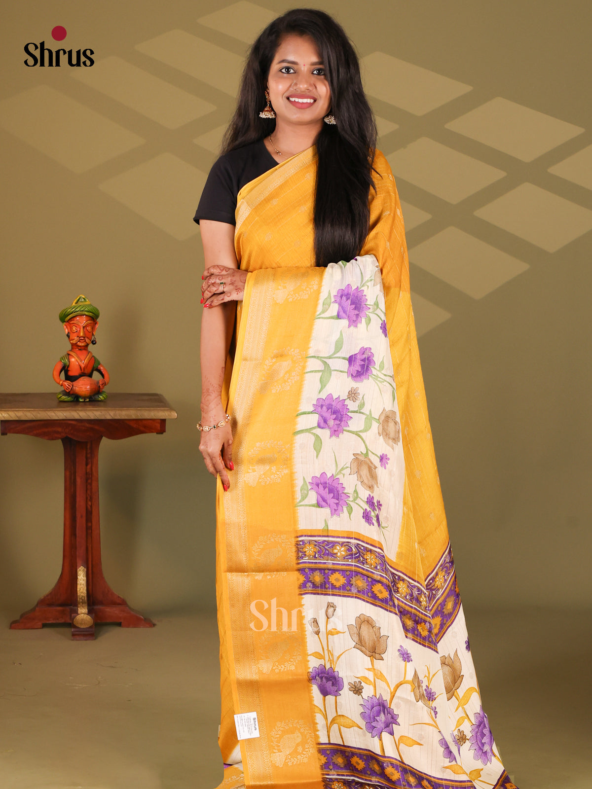 Mustard & Cream- Semi Mysore silk saree - Shop on Shrus.com