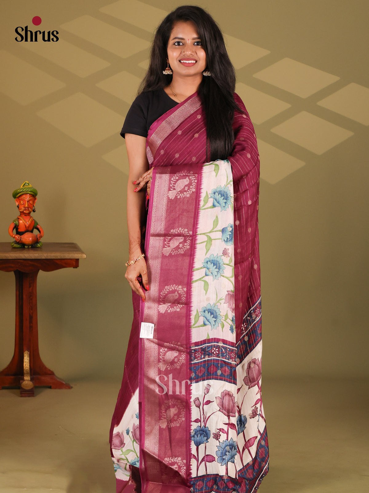 Maroon & Cream - Semi Mysore silk saree - Shop on Shrus.com