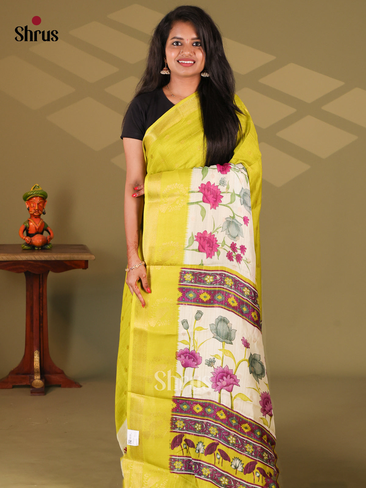 Yellow & Cream - Semi Mysore silk saree - Shop on Shrus.com