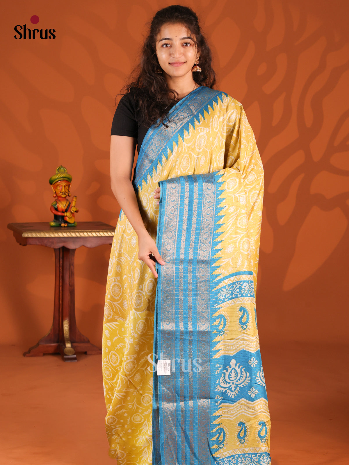 yellow & Blue - Semi Crepe Saree - Shop on Shrus.com