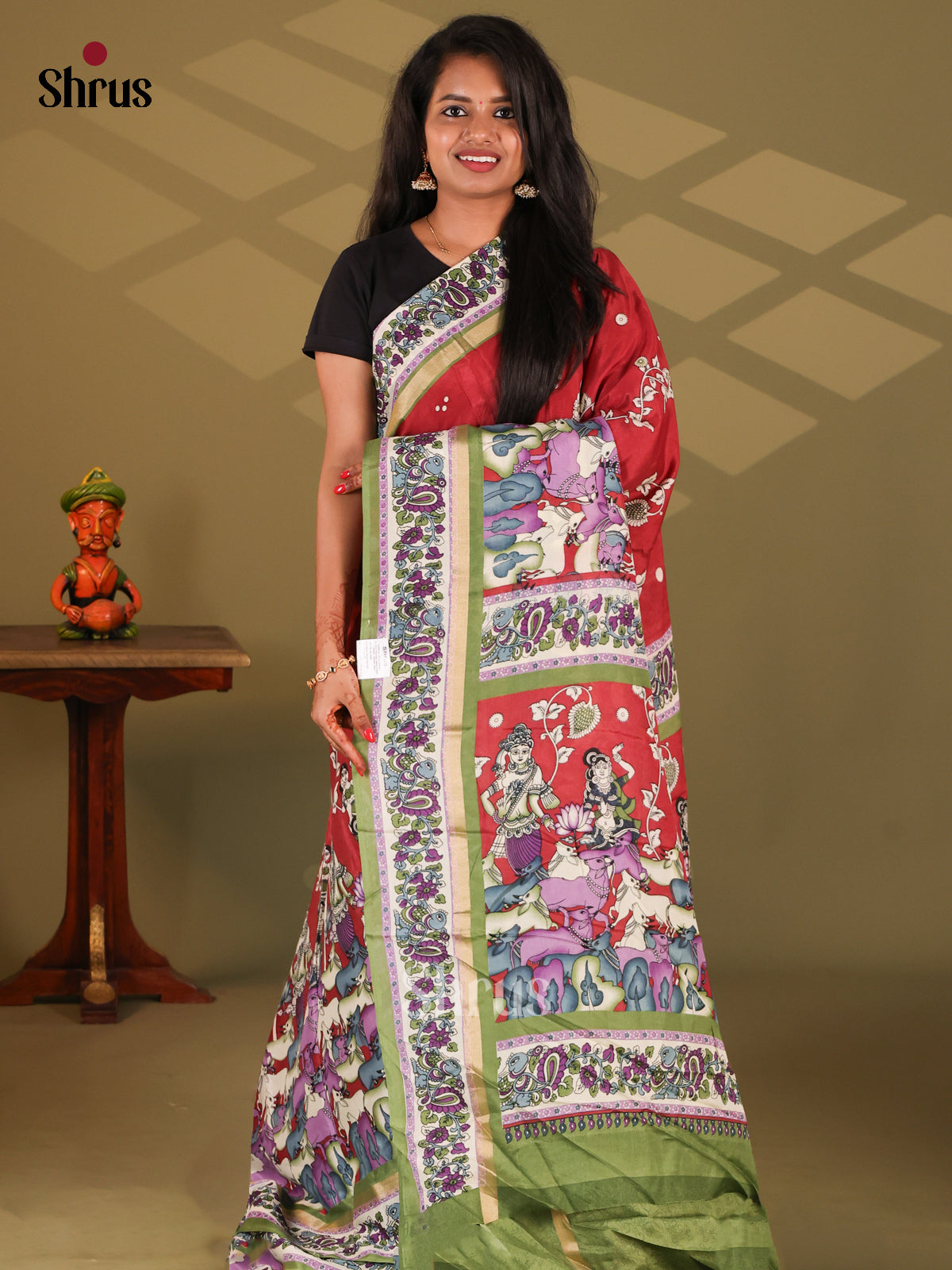 Red & Green - Semi Mysore silk saree - Shop on Shrus.com