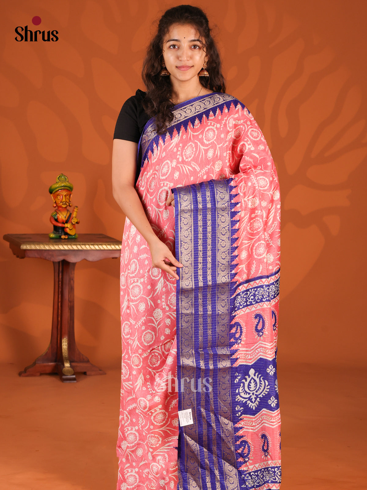 Pink & Blue - Semi Crepe Saree - Shop on Shrus.com