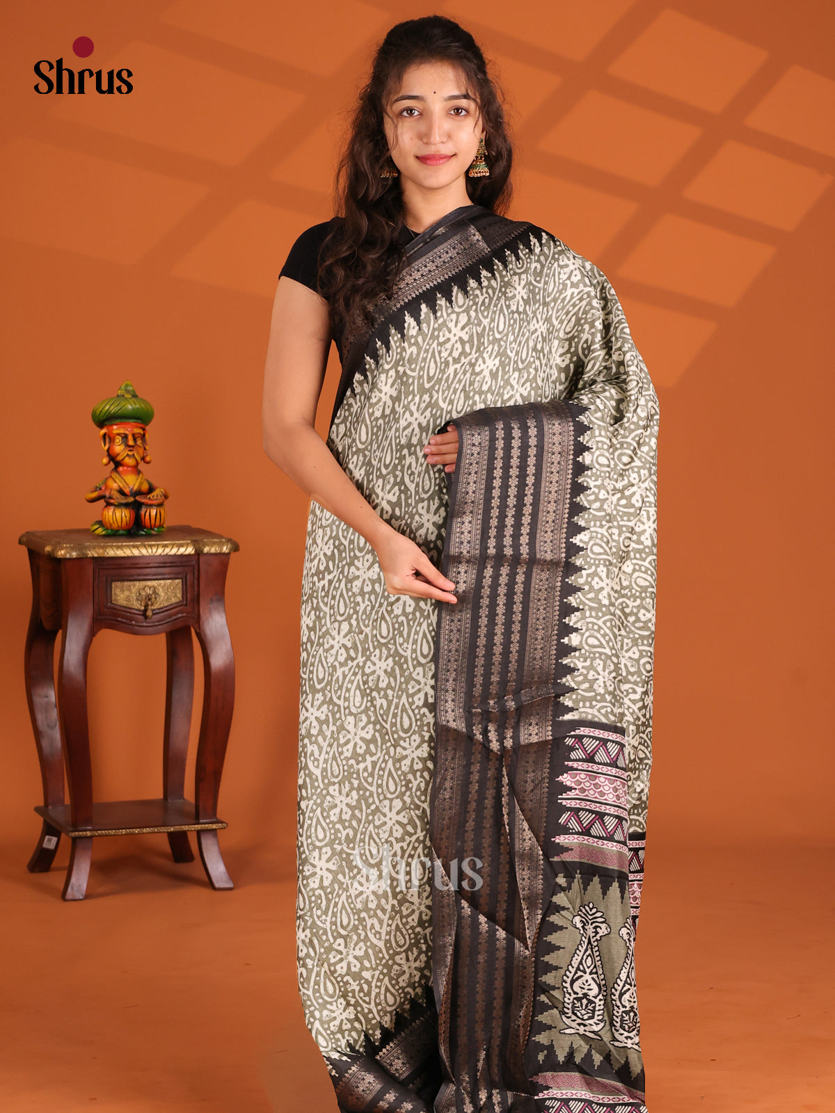 Grey & Black - Semi Crepe Saree - Shop on Shrus.com