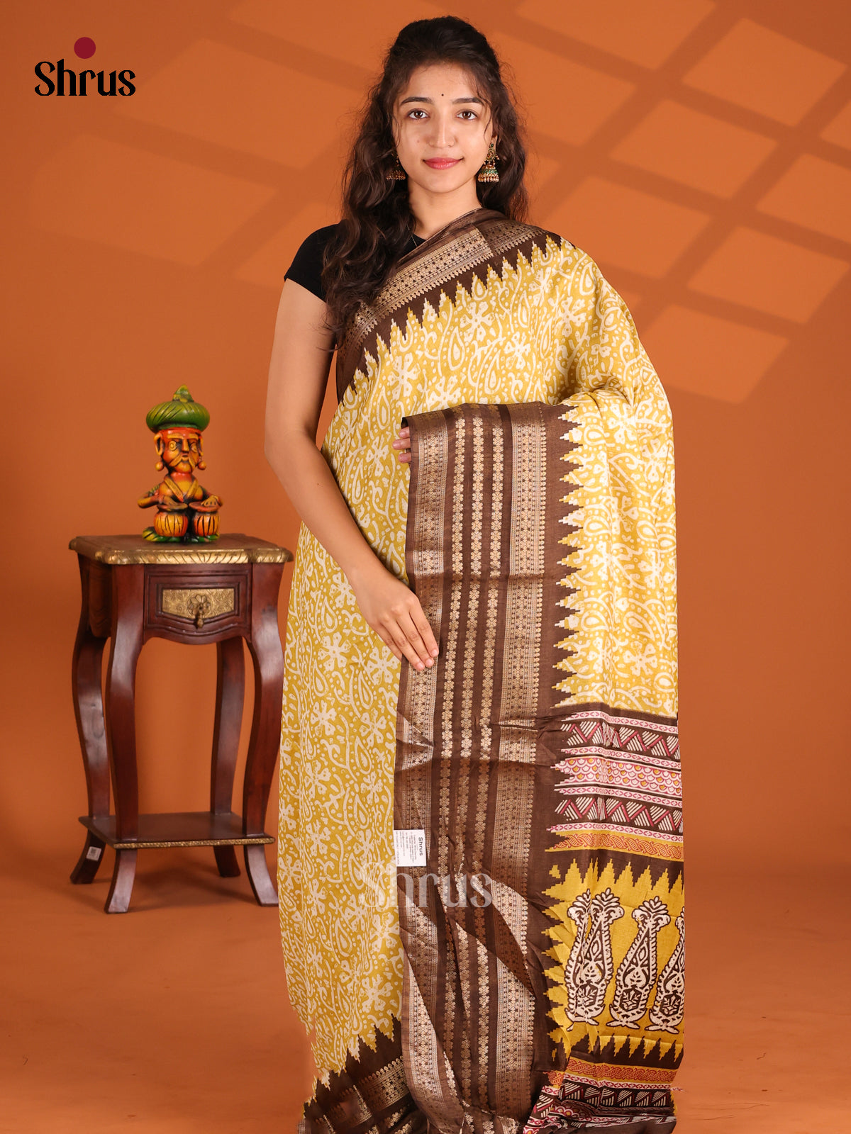 Yellow & Brown - Semi Crepe Saree - Shop on Shrus.com