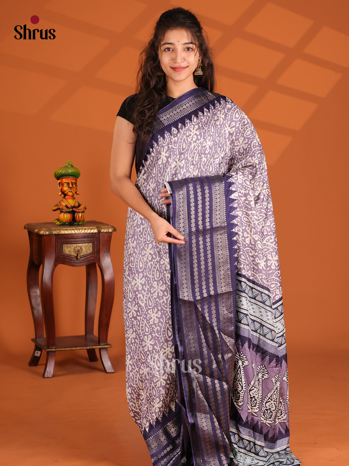 Purple & Blue - Semi Crepe Saree - Shop on Shrus.com