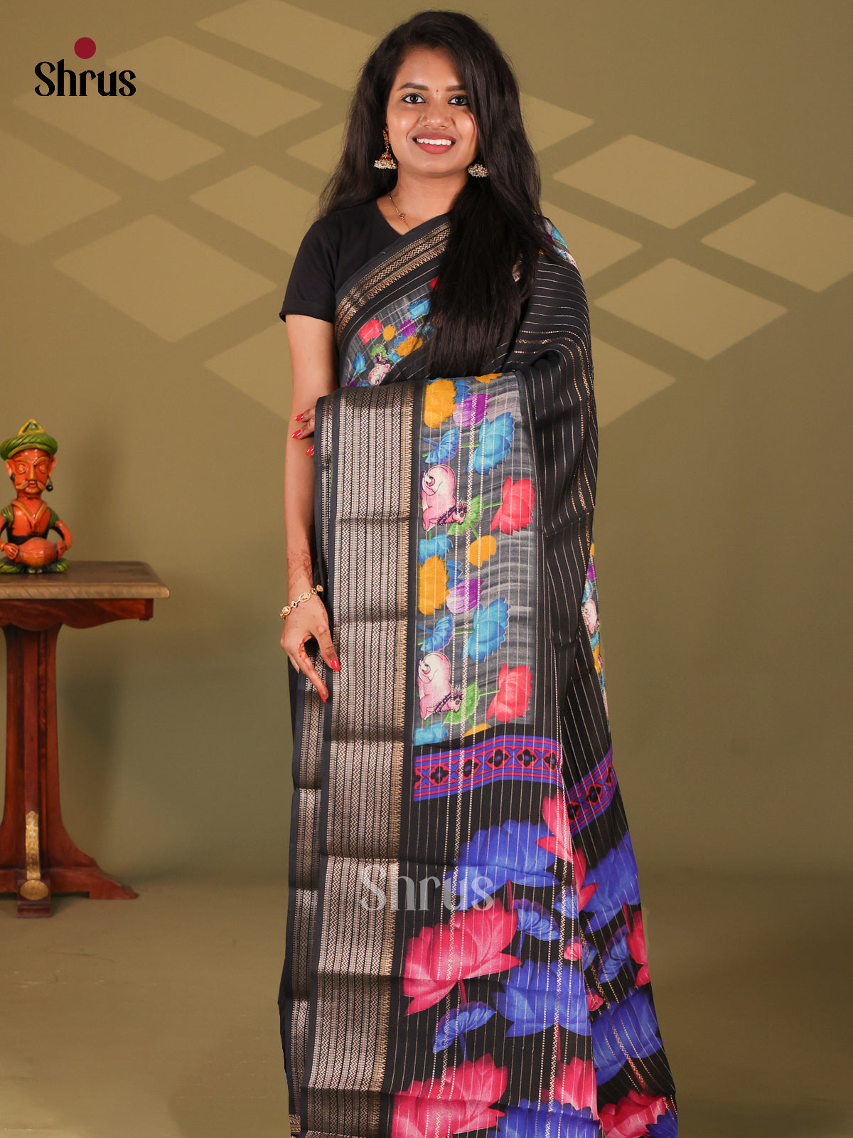 Black- Semi Mysore silk saree - Shop on Shrus.com
