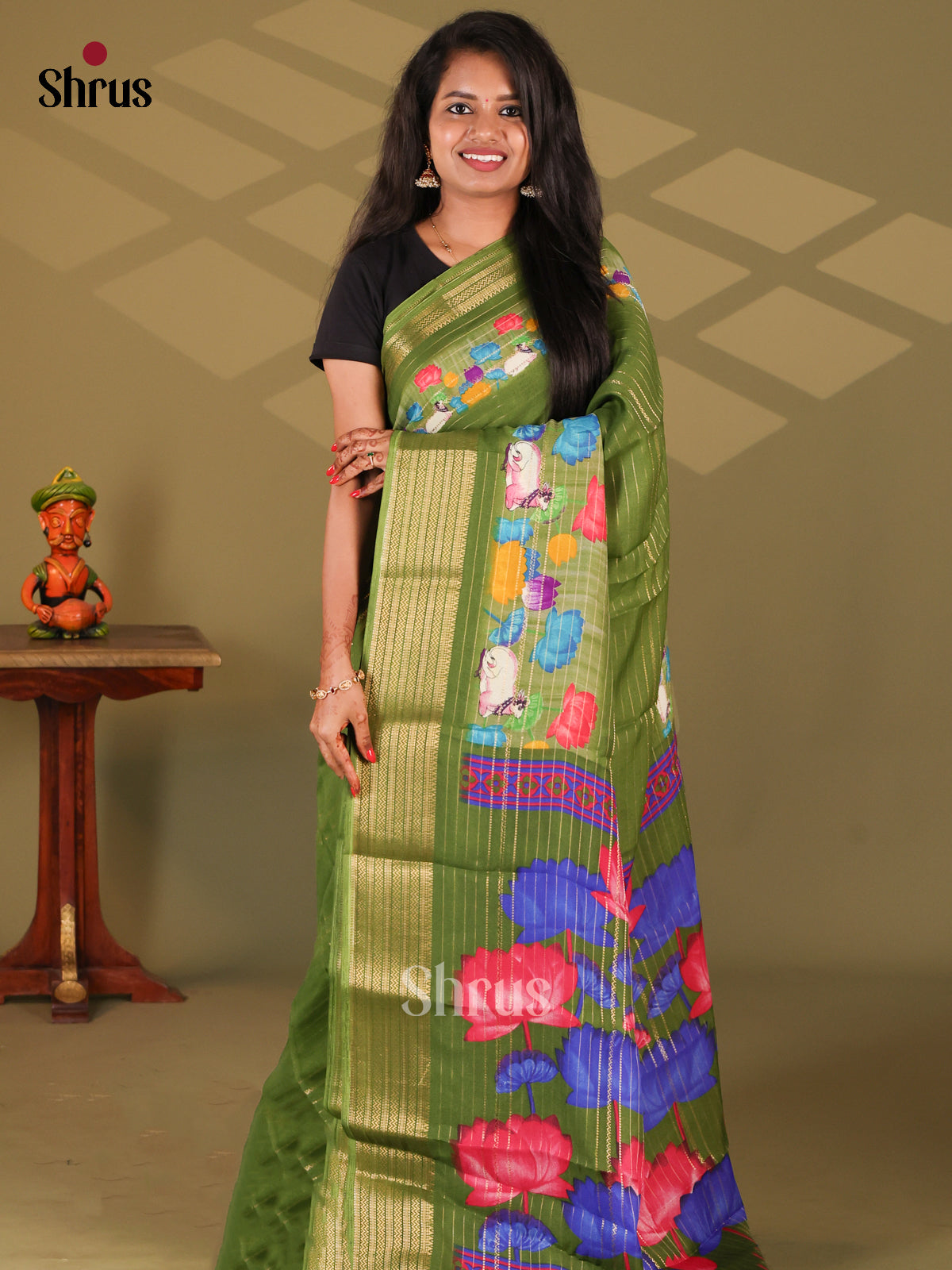 Green - Semi Mysore silk saree - Shop on Shrus.com