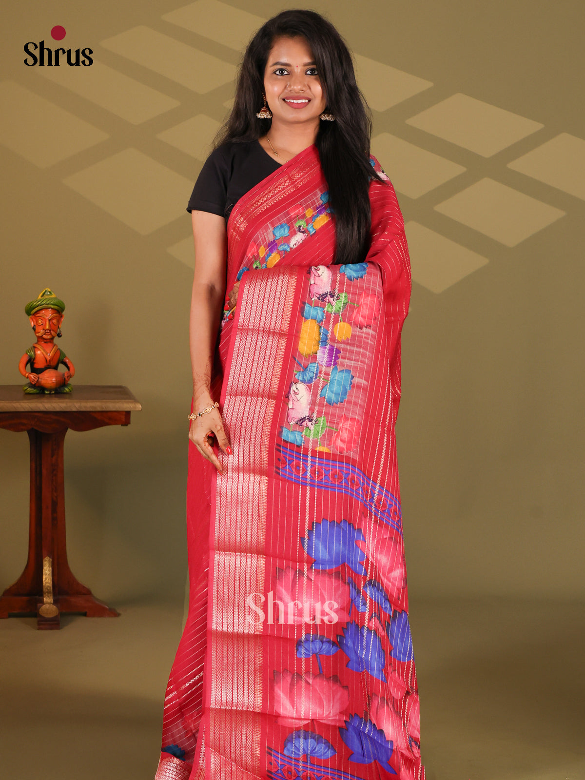 Red - Semi Mysore silk saree - Shop on Shrus.com