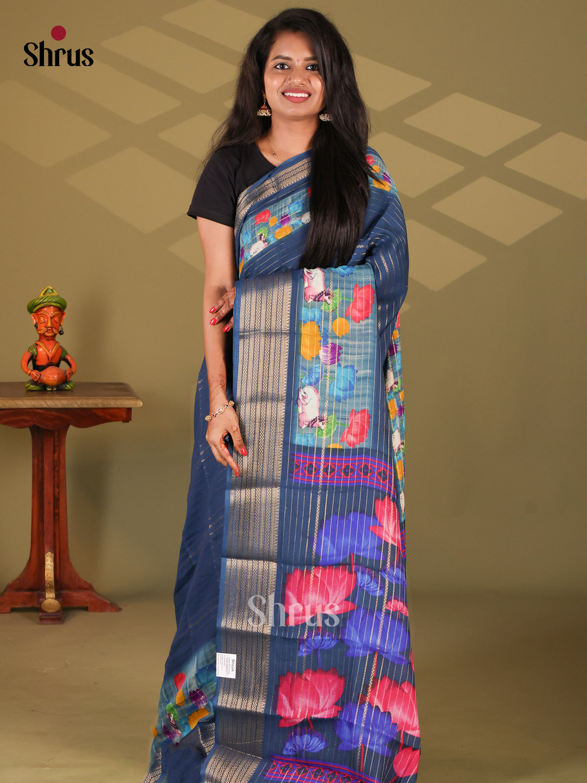 Blue - Semi Mysore silk saree - Shop on Shrus.com