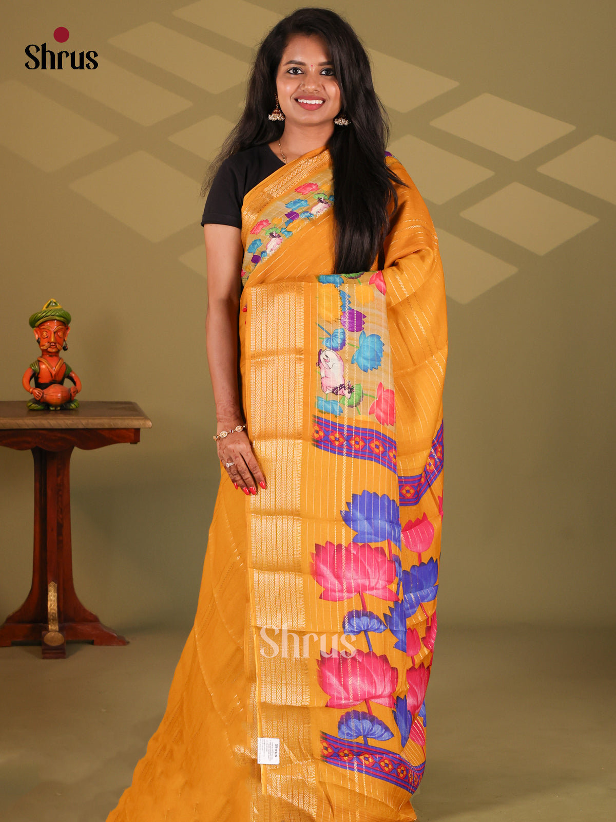 Orange - Semi Mysore silk saree - Shop on Shrus.com
