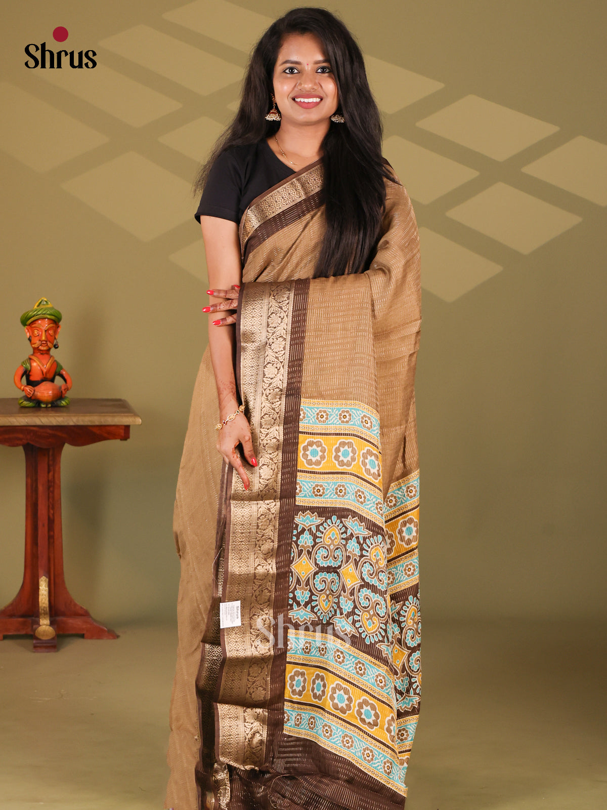Beige & Brown - Semi Mysore silk saree - Shop on Shrus.com