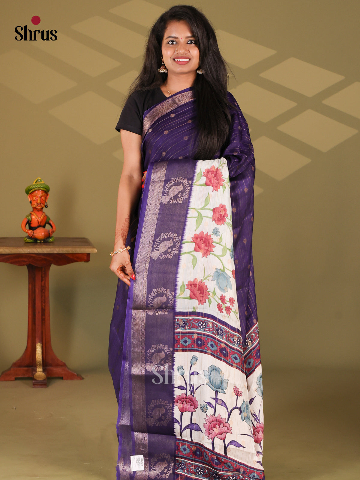 Violet & Cream - Semi Mysore silk saree - Shop on Shrus.com