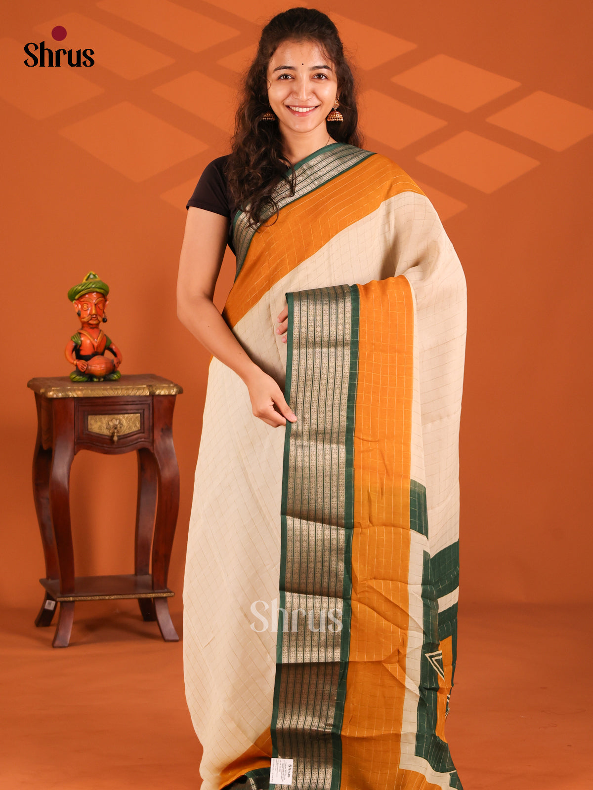 Cream & Green- Semi Mysore silk saree - Shop on Shrus.com