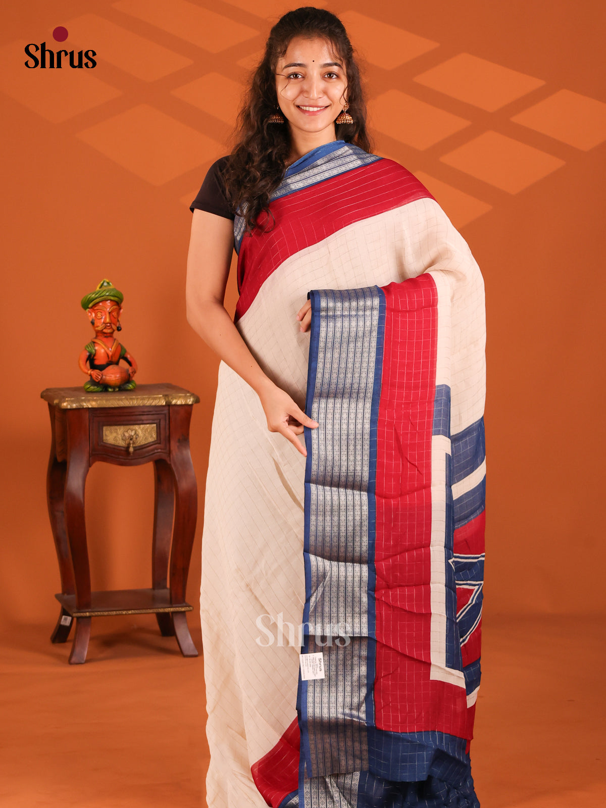 Cream & Blue- Semi Mysore silk saree - Shop on Shrus.com