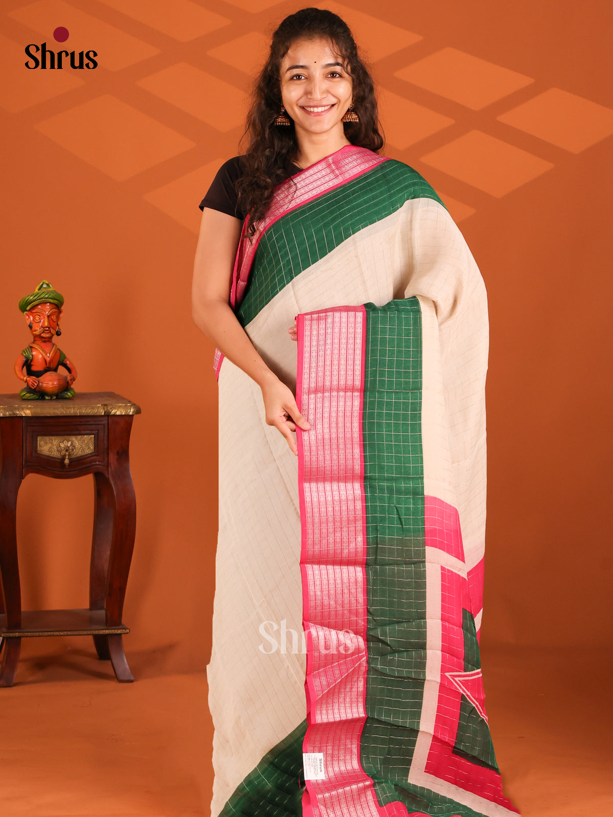 Cream & Maroon - Semi Mysore silk saree - Shop on Shrus.com