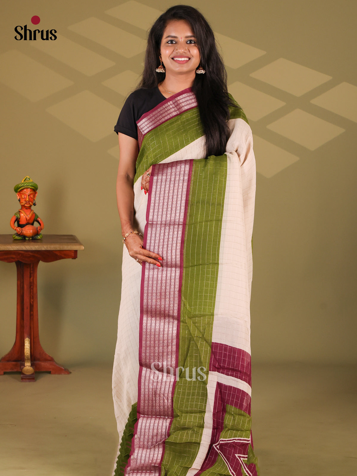 Cream & Maroon- Semi Mysore silk saree - Shop on Shrus.com