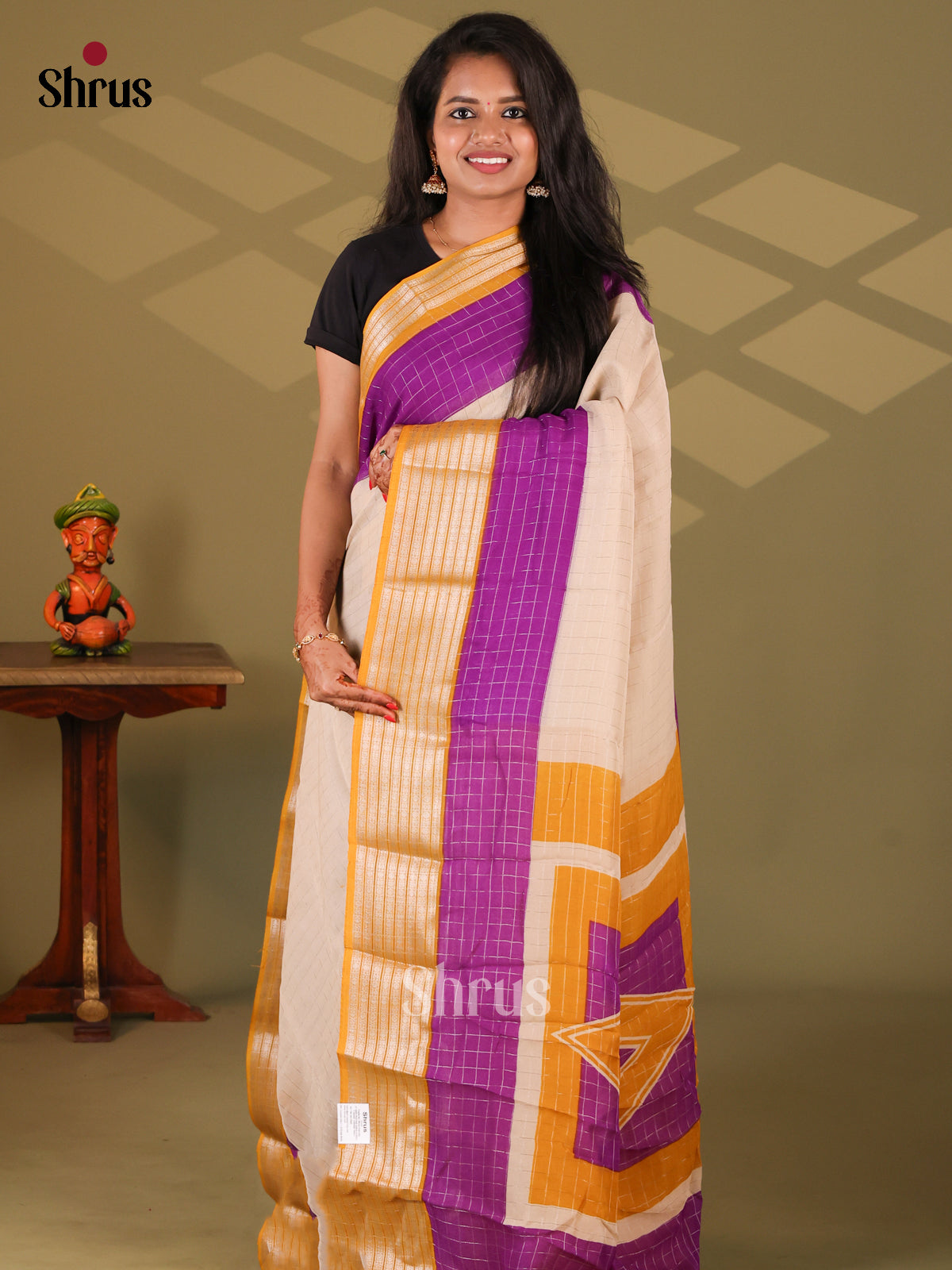 Cream & Mustard - Semi Mysore silk saree - Shop on Shrus.com