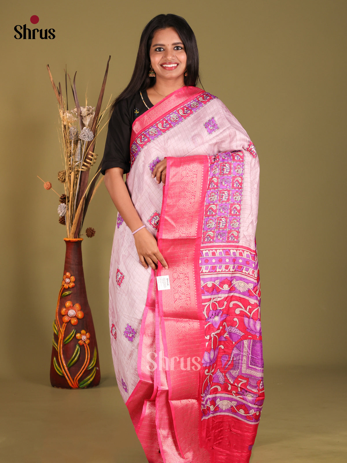 Cream & Pink - Semi Dola silk Saree - Shop on Shrus.com