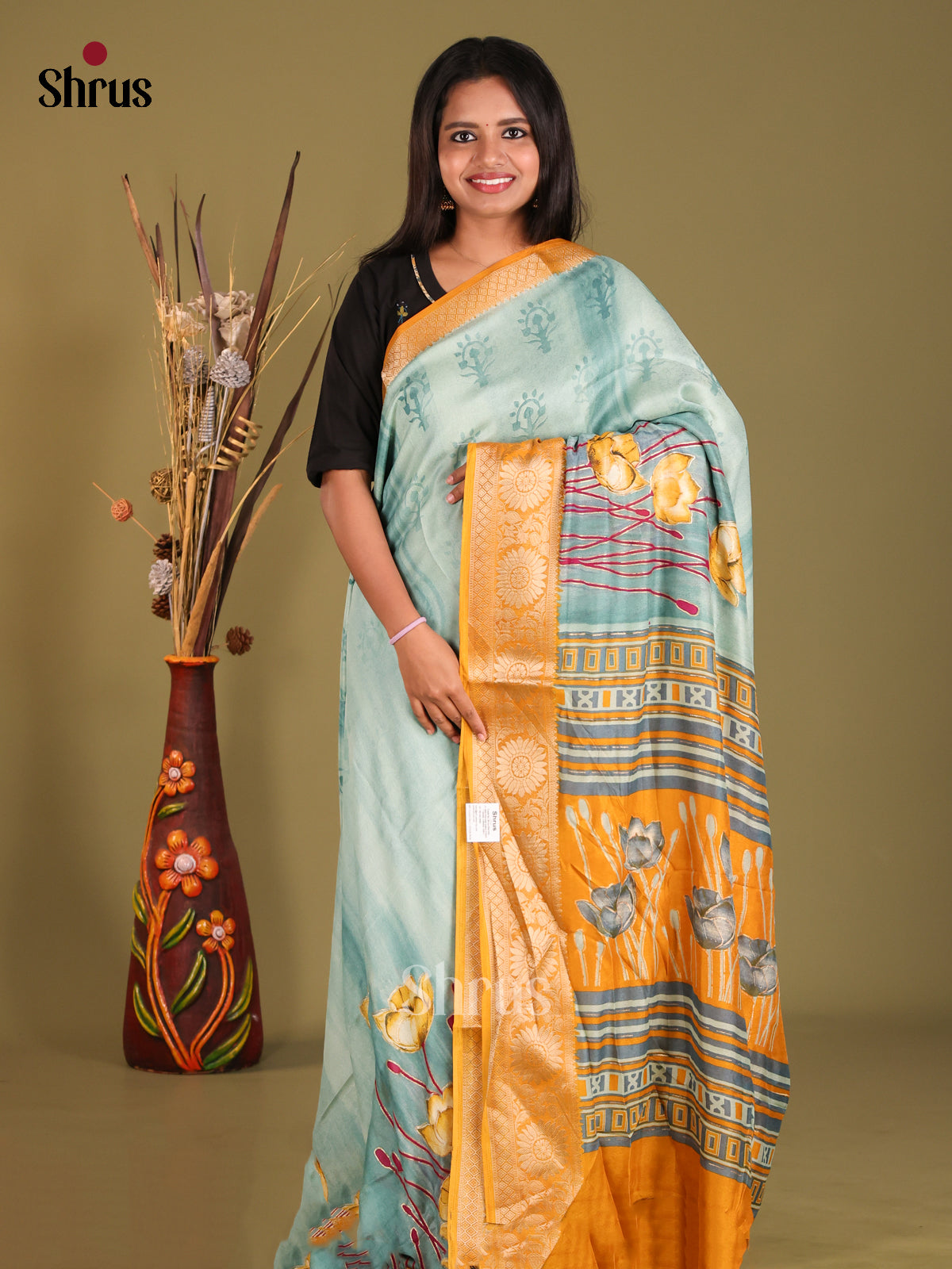 Blue & Mustard - Semi Dola silk Saree - Shop on Shrus.com
