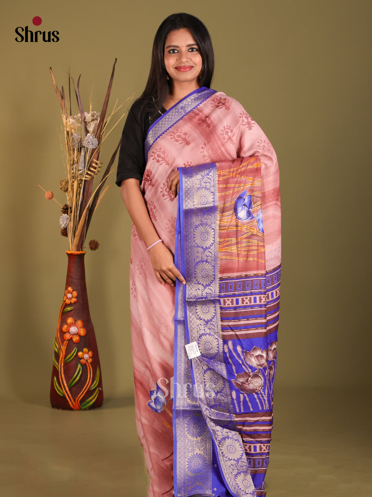 Dusty Pink & Blue - Semi Dola silk Saree - Shop on Shrus.com