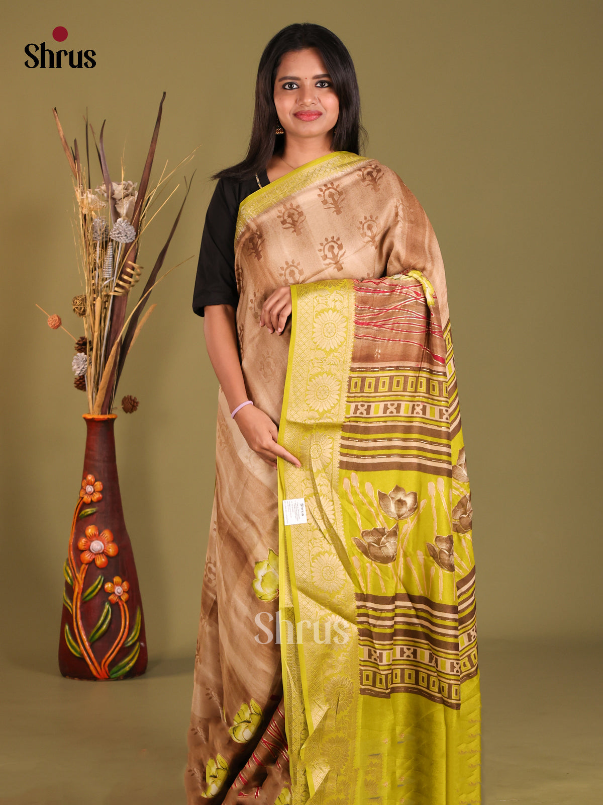 Brown & Green - Semi Dola silk Saree - Shop on Shrus.com