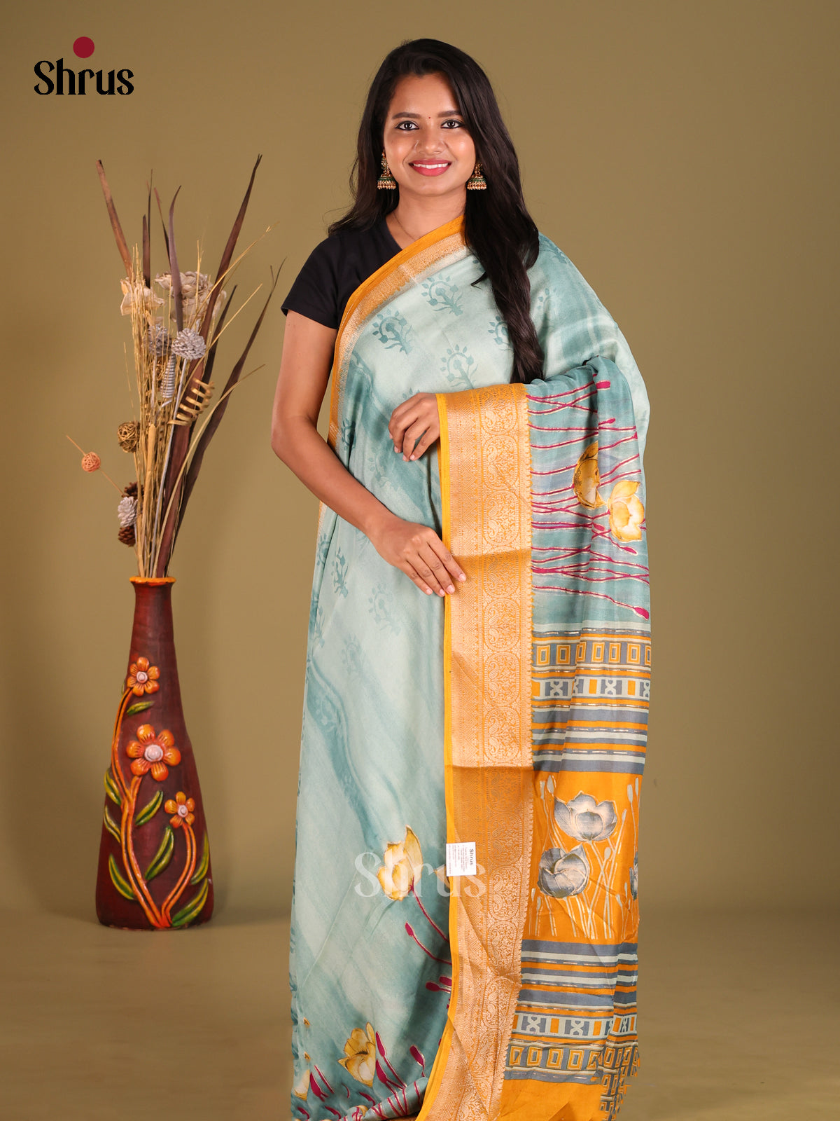 Blue & Mustard - Semi Dola silk Saree - Shop on Shrus.com