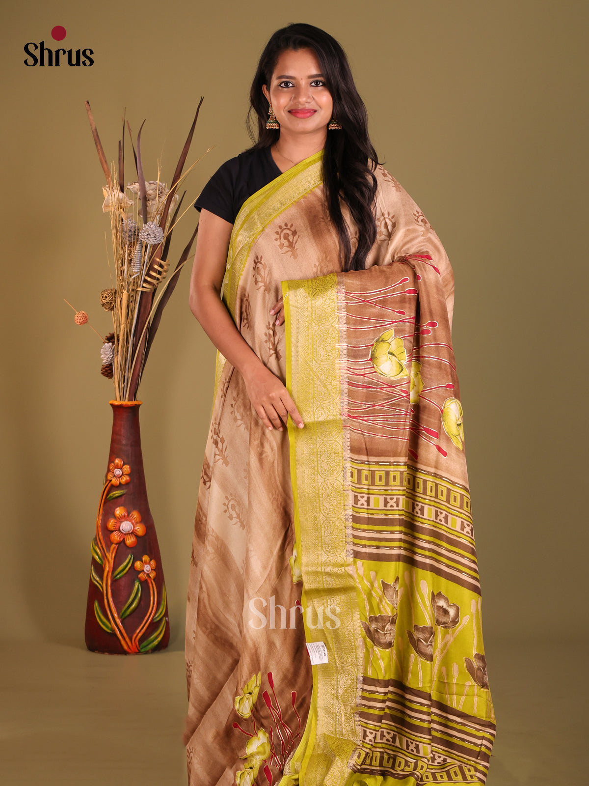 Brown & Green - Semi Dola silk Saree - Shop on Shrus.com