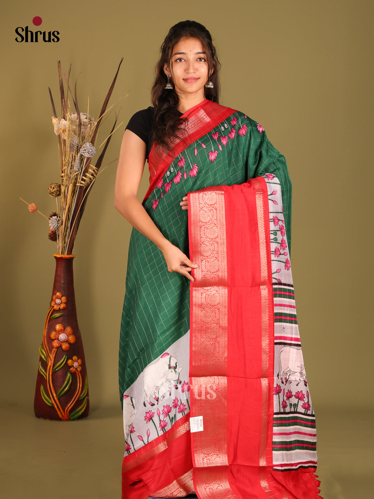 Green & Red - Semi Dola silk Saree - Shop on Shrus.com