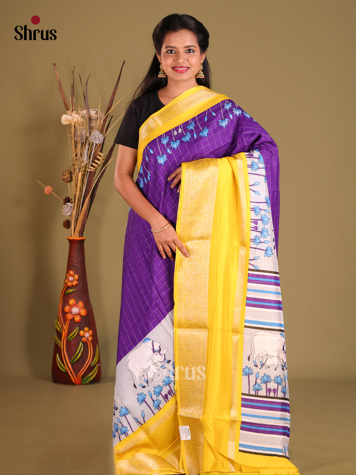 Purple & Yellow - Semi Dola silk Saree - Shop on Shrus.com