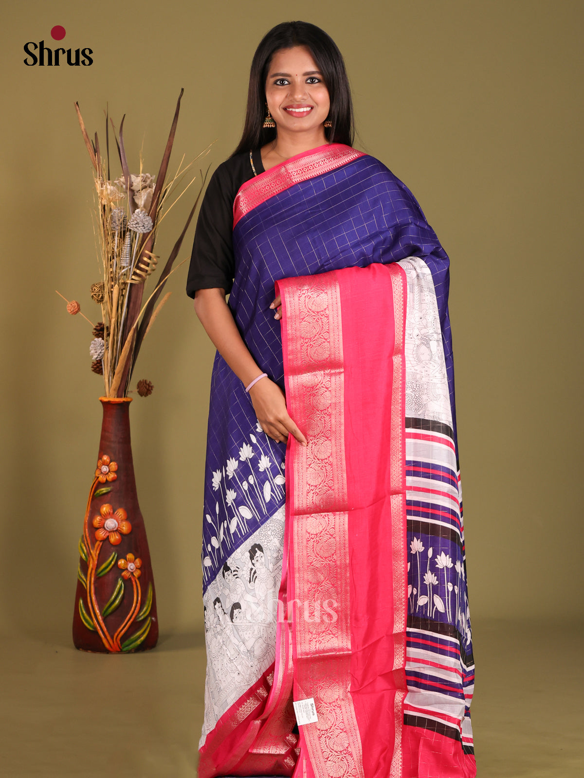 Blue & Reddish Pink- Semi Dola silk Saree - Shop on Shrus.com