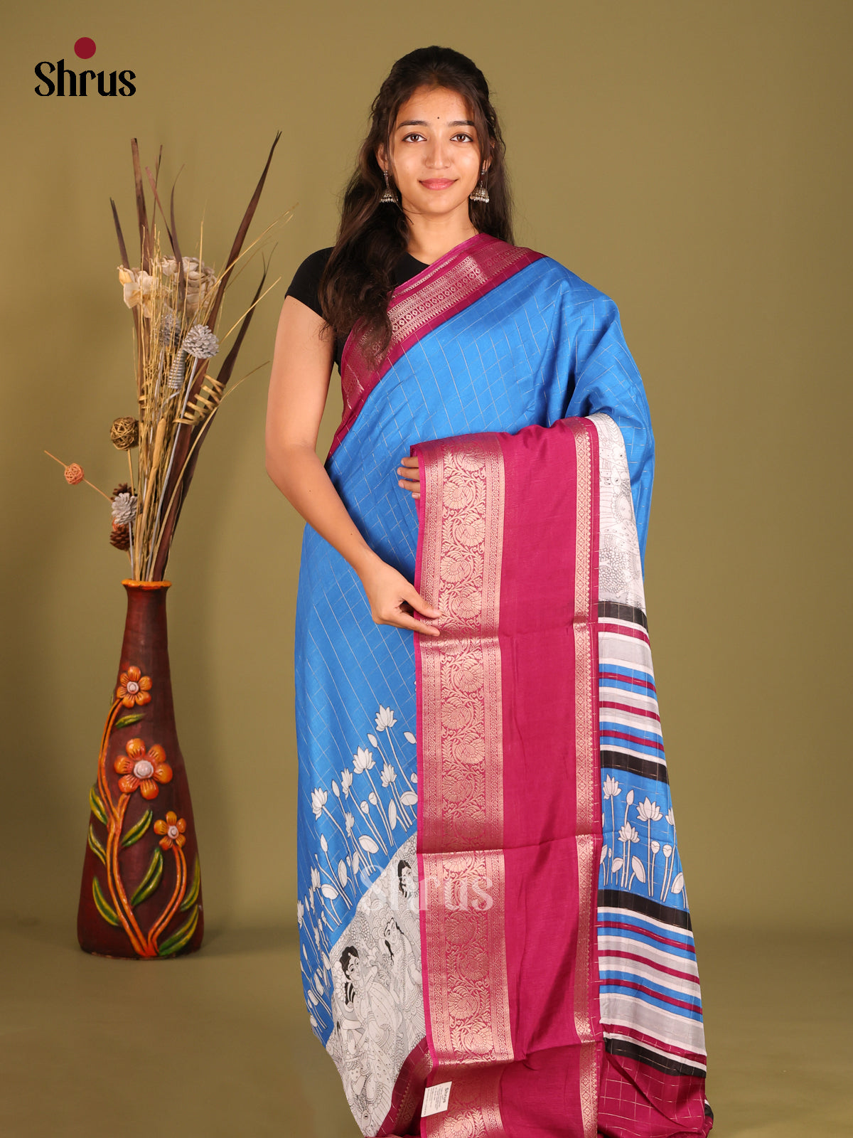 Blue & Purple - Semi Dola silk Saree - Shop on Shrus.com