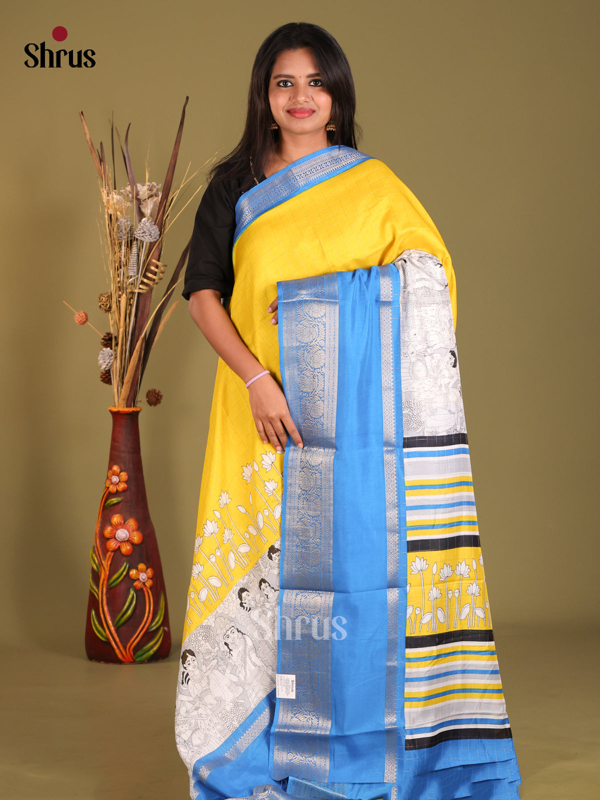 Yellow & Blue - Semi Dola silk Saree - Shop on Shrus.com