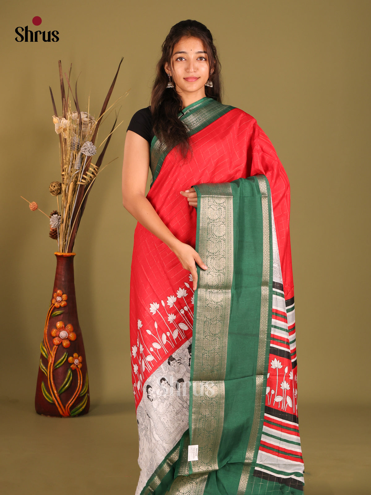 Red & Green - Semi Dola silk Saree - Shop on Shrus.com