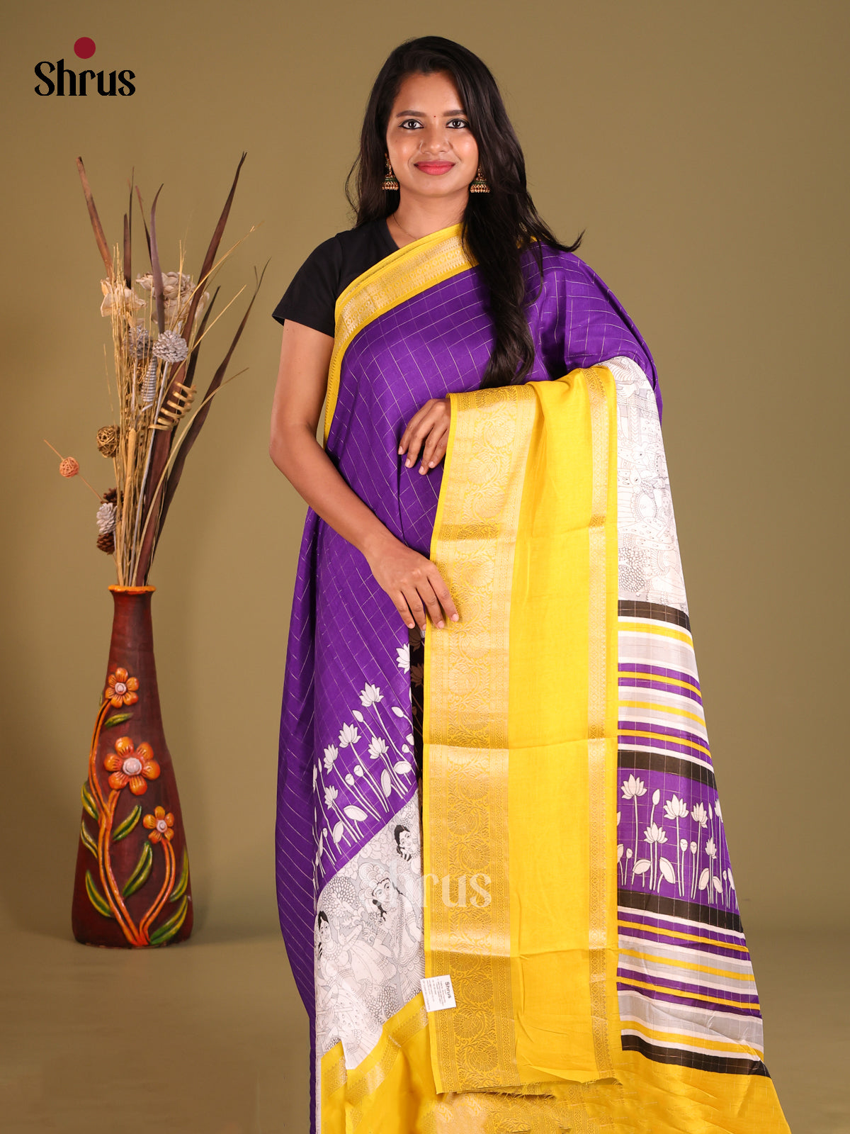Violet & Yellow - Semi Dola silk Saree - Shop on Shrus.com