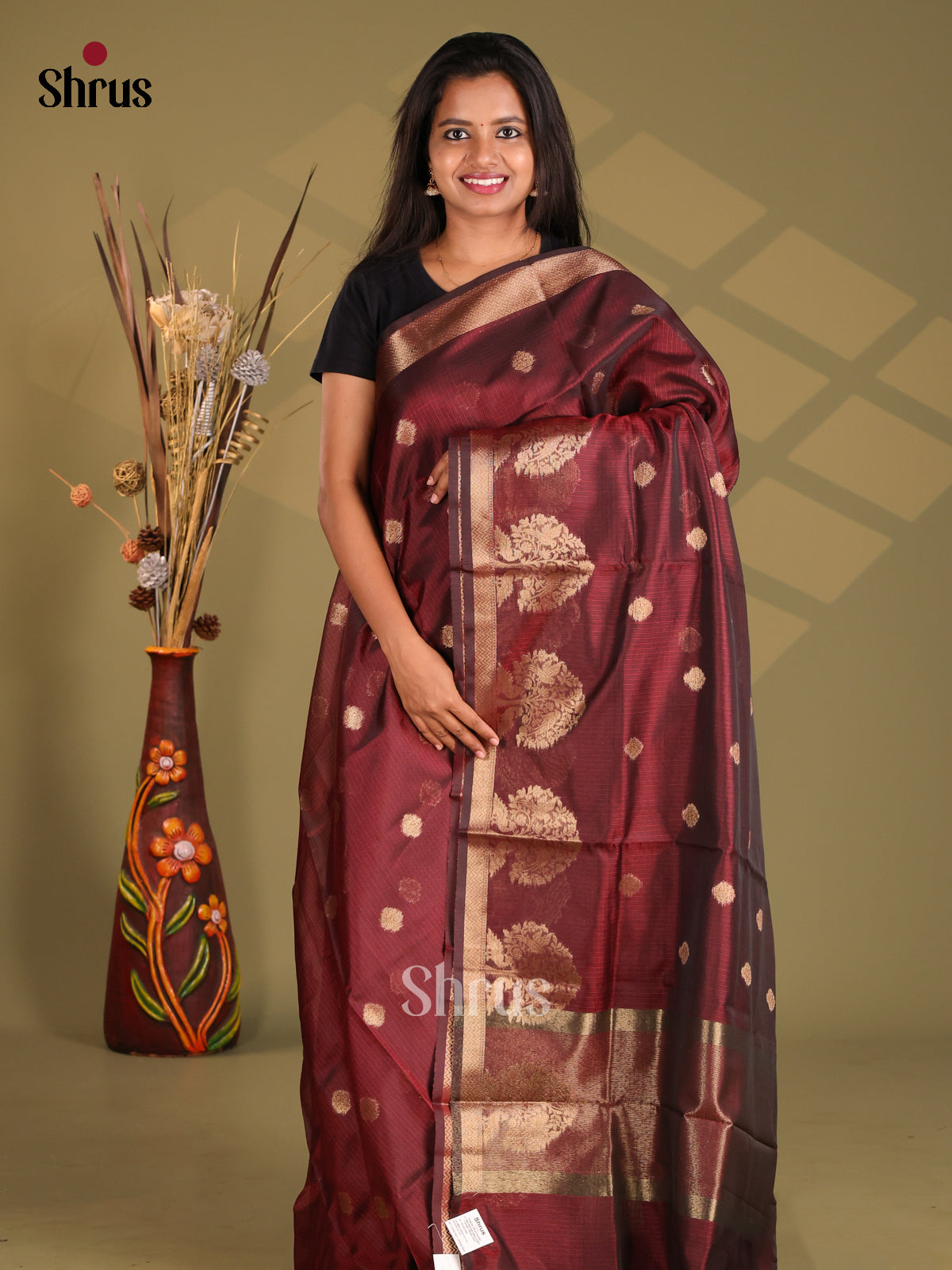 Maroon - Semi Kota Saree - Shop on Shrus.com