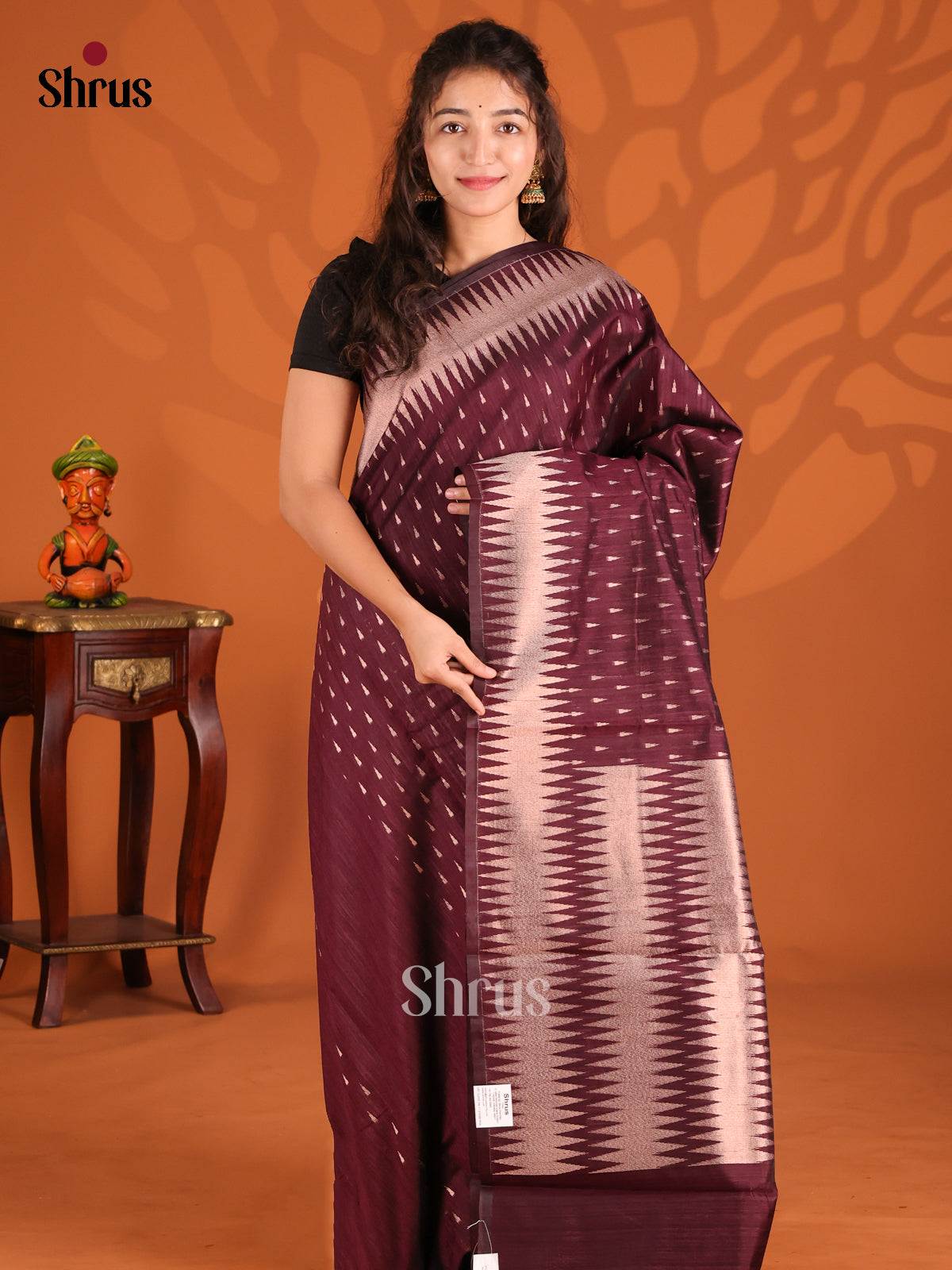 Maroon - Semi Jute Saree - Shop on Shrus.com